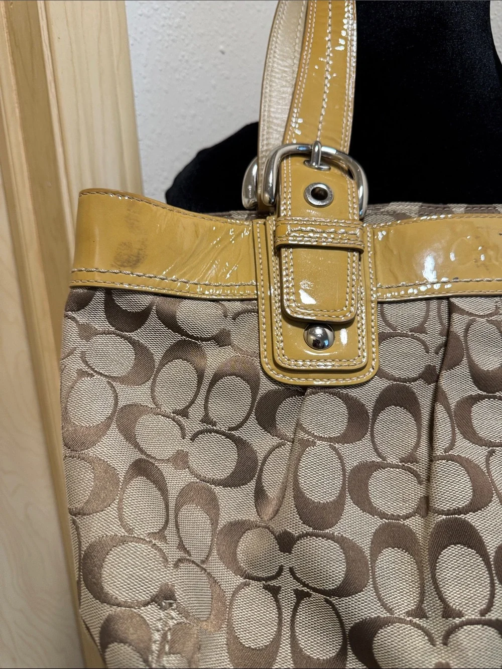 Coach Brown Signature Tote with Yellow Patent Trim